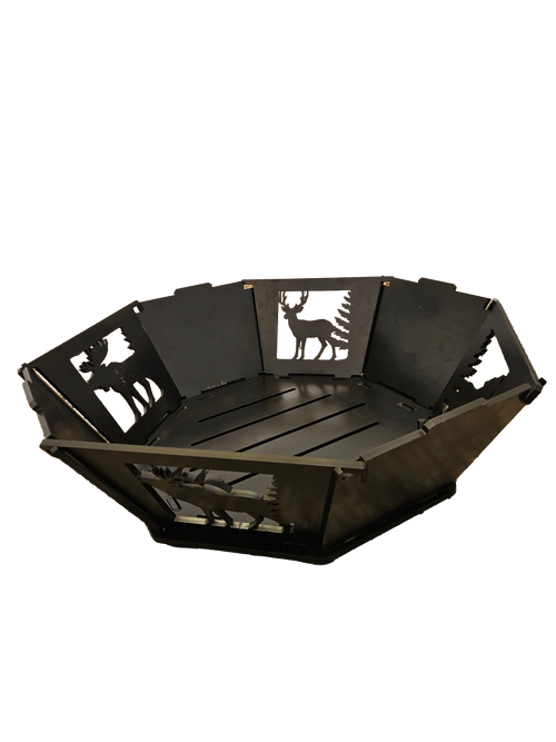 A custom CNC cut black metal fire pit bowl with decorative silhouettes of deer and trees on the side panels, shown on a plain white background.