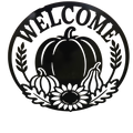 Custom CNC cut Black metal circular sign featuring the word 'WELCOME' in arched letters above a stylized autumn harvest design with pumpkins, gourds, leaves, and a sunflower on a white background.