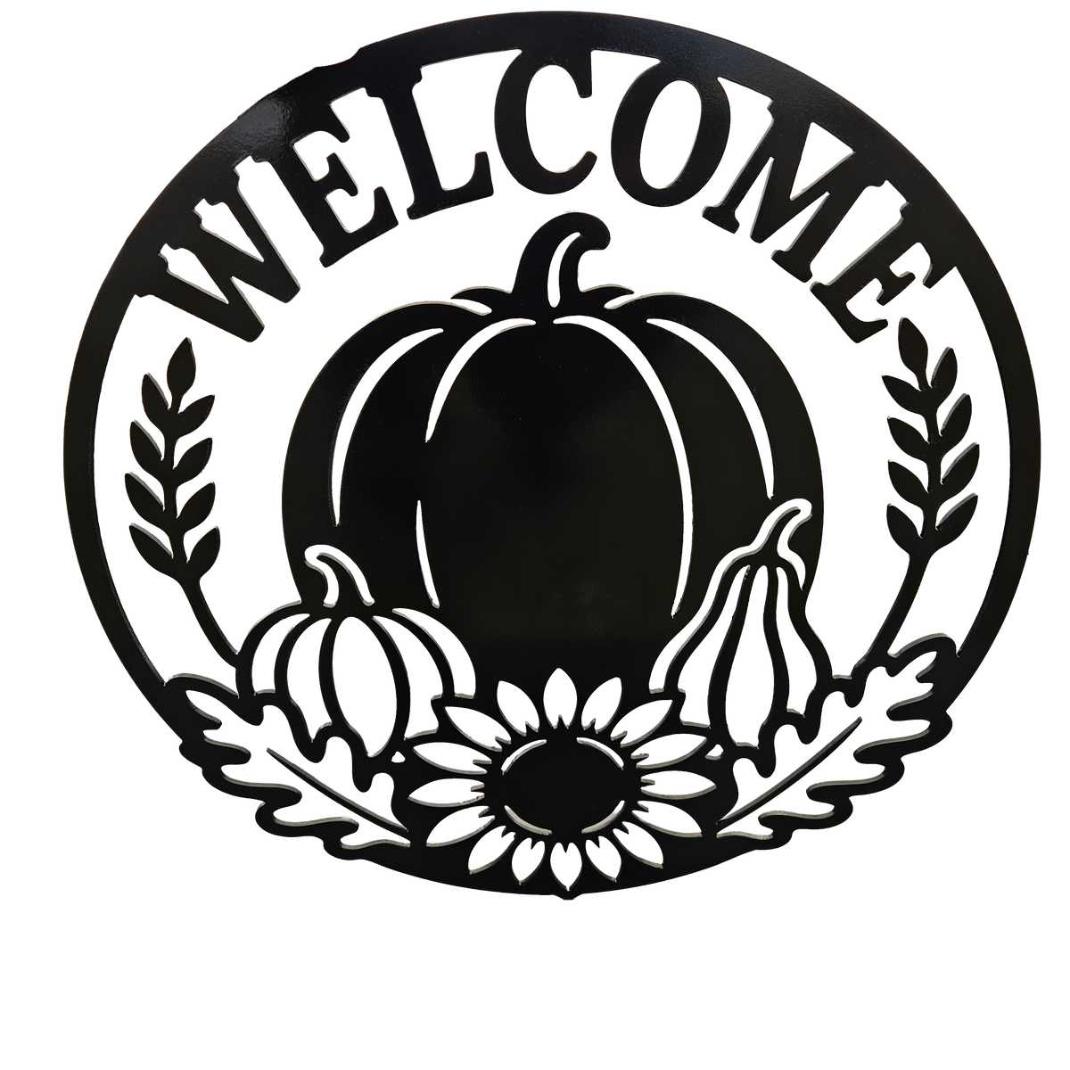 Custom CNC cut Black metal circular sign featuring the word 'WELCOME' in arched letters above a stylized autumn harvest design with pumpkins, gourds, leaves, and a sunflower on a white background.