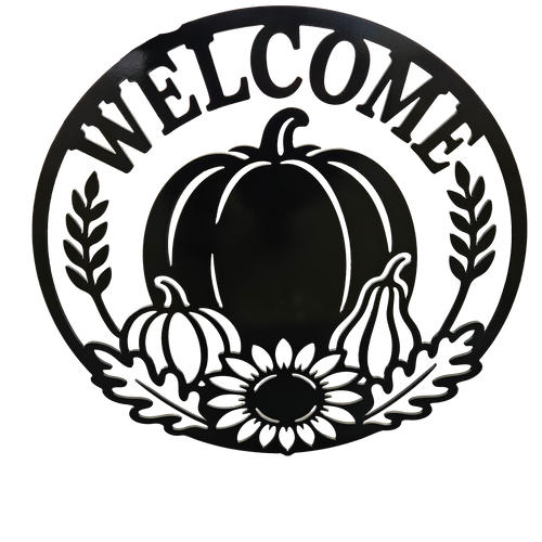 Custom CNC cut Black metal circular sign featuring the word 'WELCOME' in arched letters above a stylized autumn harvest design with pumpkins, gourds, leaves, and a sunflower on a white background.
